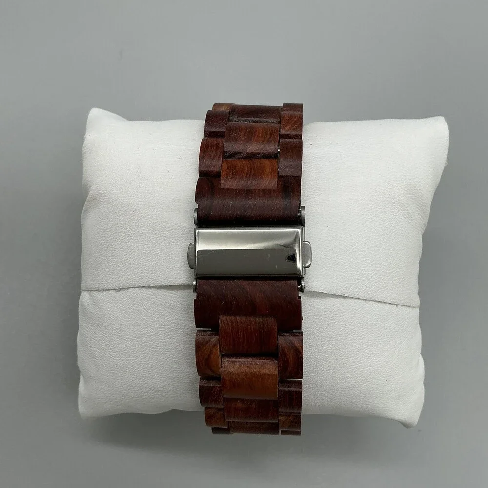 Mens Watch 45mm Brown Skeleton Dial Wood Bracelet Automatic Gold Tone 8.75